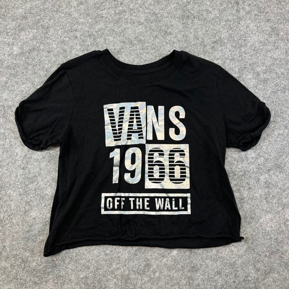 Vans Graphic T-Shirt Womens Medium Black Off The Wall Crop Raw Hem Skate